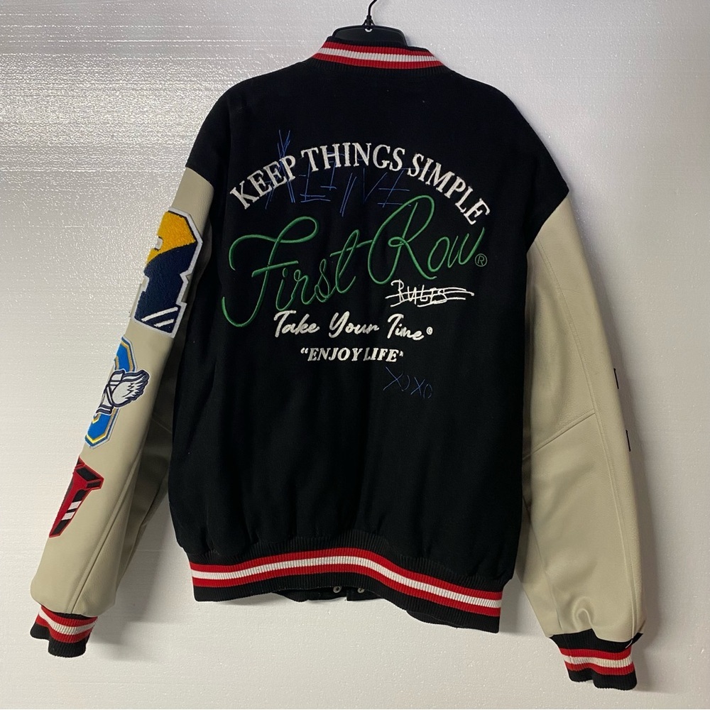 First Row Varsity Jacket Men XXL Blue Wool Patchwork Leather Sleeve Embroidered - Picture 9 of 12